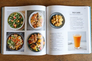 Un libro de recetas abierto mostrando imágenes de platos nutritivos.