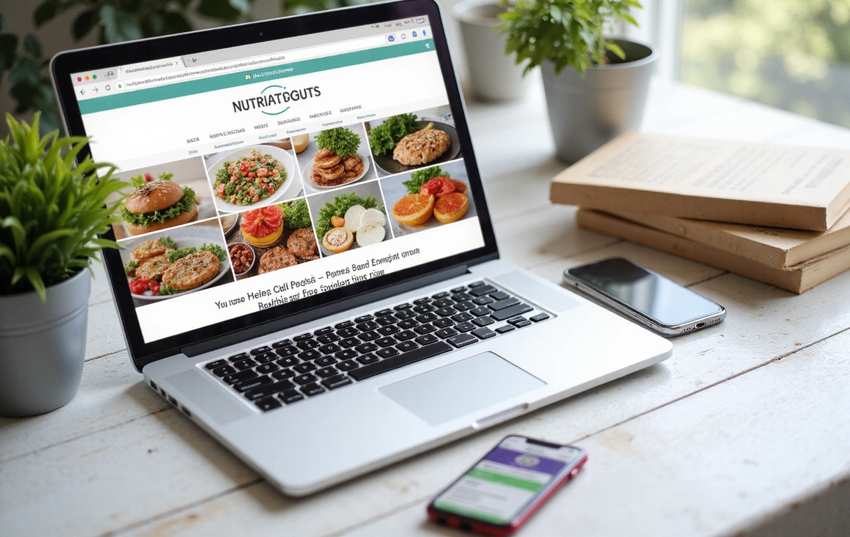 Un escritorio con un ordenador portátil mostrando un sitio web de nutrición, un teléfono móvil con una aplicación de salud y varios libros sobre dietética.