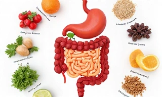 Ilustración de un sistema digestivo saludable con alimentos nutritivos alrededor