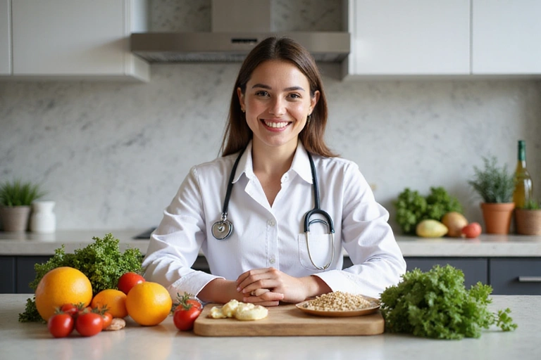 Una nutricionista sonriendo y mostrando diferentes opciones de alimentos saludables