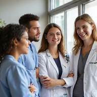 Grupo de profesionales de la salud sonriendo y colaborando.