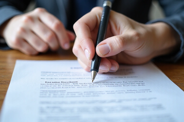 Representación de un acuerdo legal o contrato, con una pluma y documentos